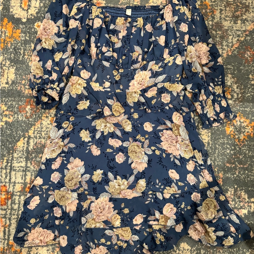 Amazon Navy Blue Floral Long Sleeve Dress